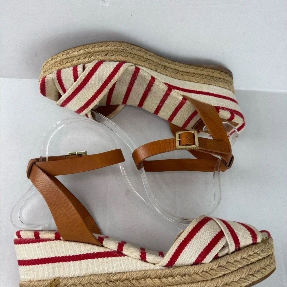 Tory Burch Red and Tan Espadrilles with Striped Design Size 9